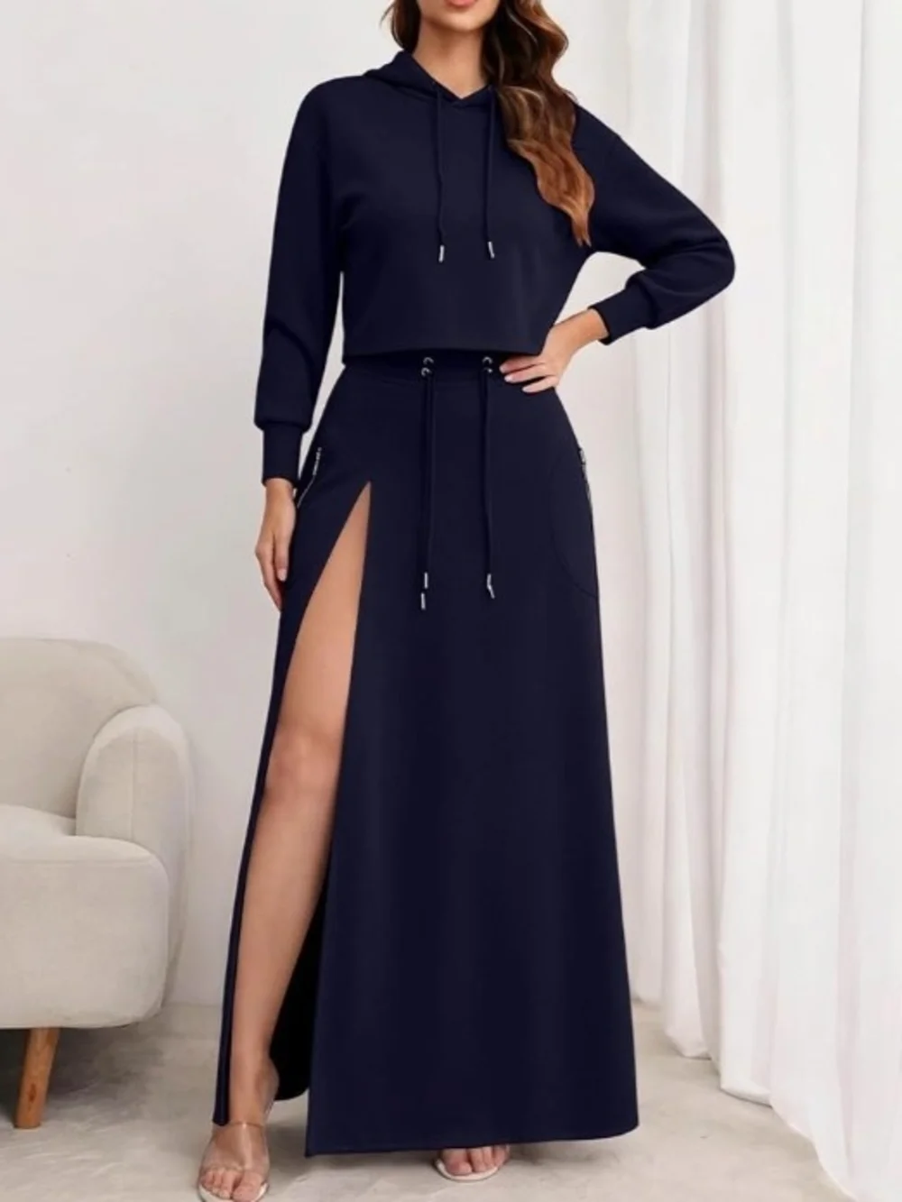 Women's Navy High-Slit Maxi Skirt